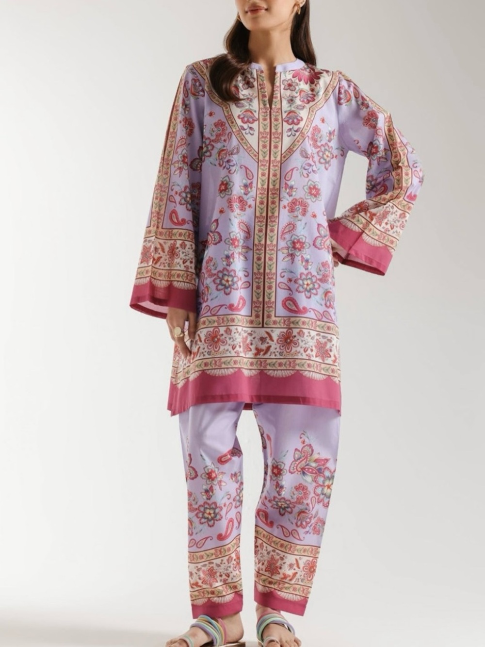 New Ethnc printed cotton set pant suit lavender size XS